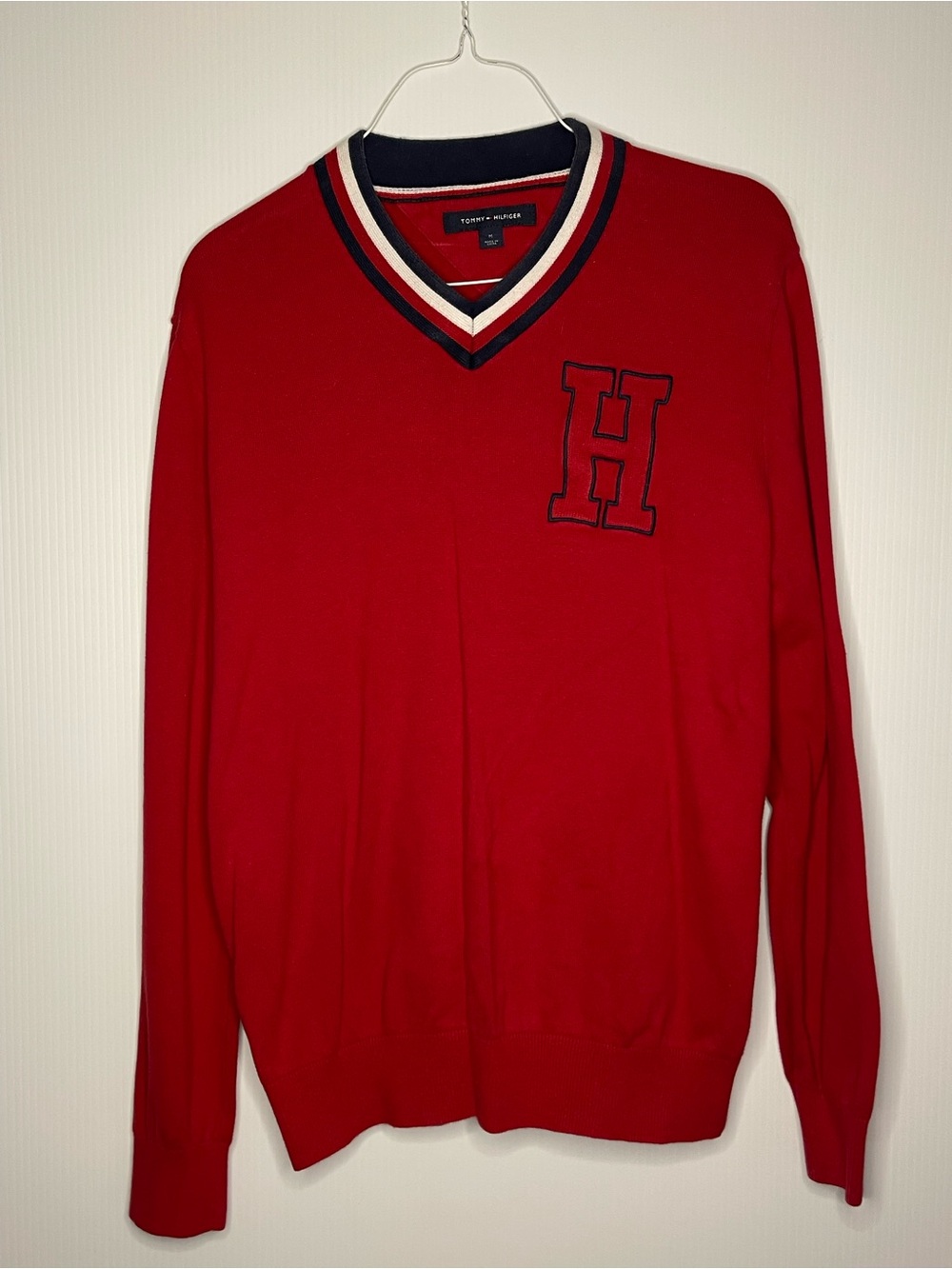 Tommy Hilfiger Red V-Neck Sweater with Navy & White Trim